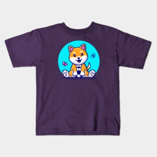 Cute Dog Shiba Inu With Soccer Ball And Butterfly Cartoon Vector Icon Illustration Kids T-Shirt